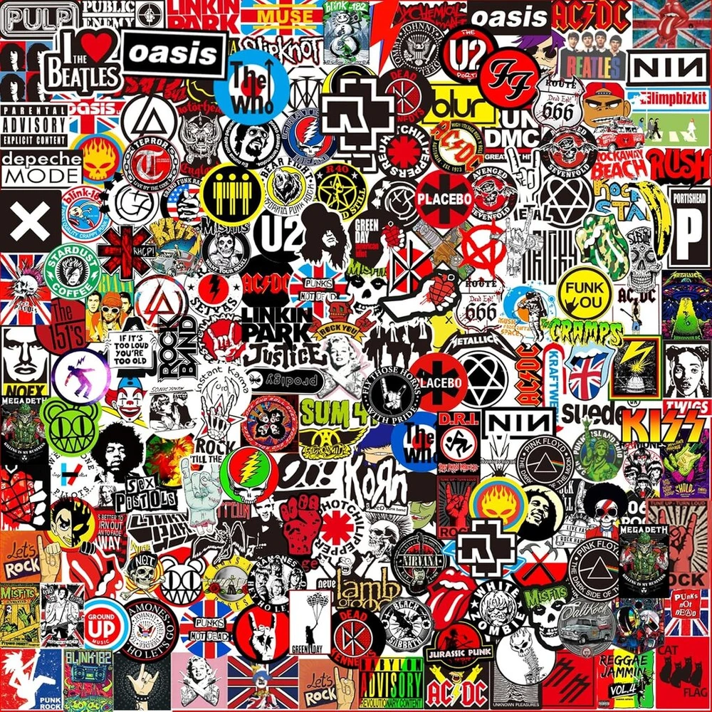 Generic Rock grupės lipdukai, 200 vienetų rokenrolo lipdukų rinkinys, vandeniui atsparūs įkvepiantys lipdukai automobiliui, motociklui, dviračiui, riedlentei, snieglentei, bagažui, nešiojamam kompiuteriui, paaugliams, studentams