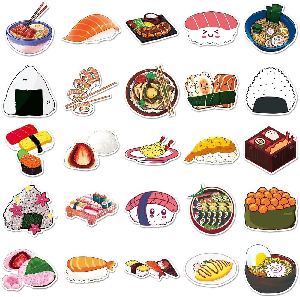 Generic Sushi lipdukai ration, 50 vnt. rinkinys, skirtas riedlentėms, grafiti, motociklams, dviračiams, snieglentėms, bagažui, nešiojamam kompiuteriui, automobiliui, lagaminui vaikams ir paaugliams, vandeniui atsparūs vinilo lipdukai