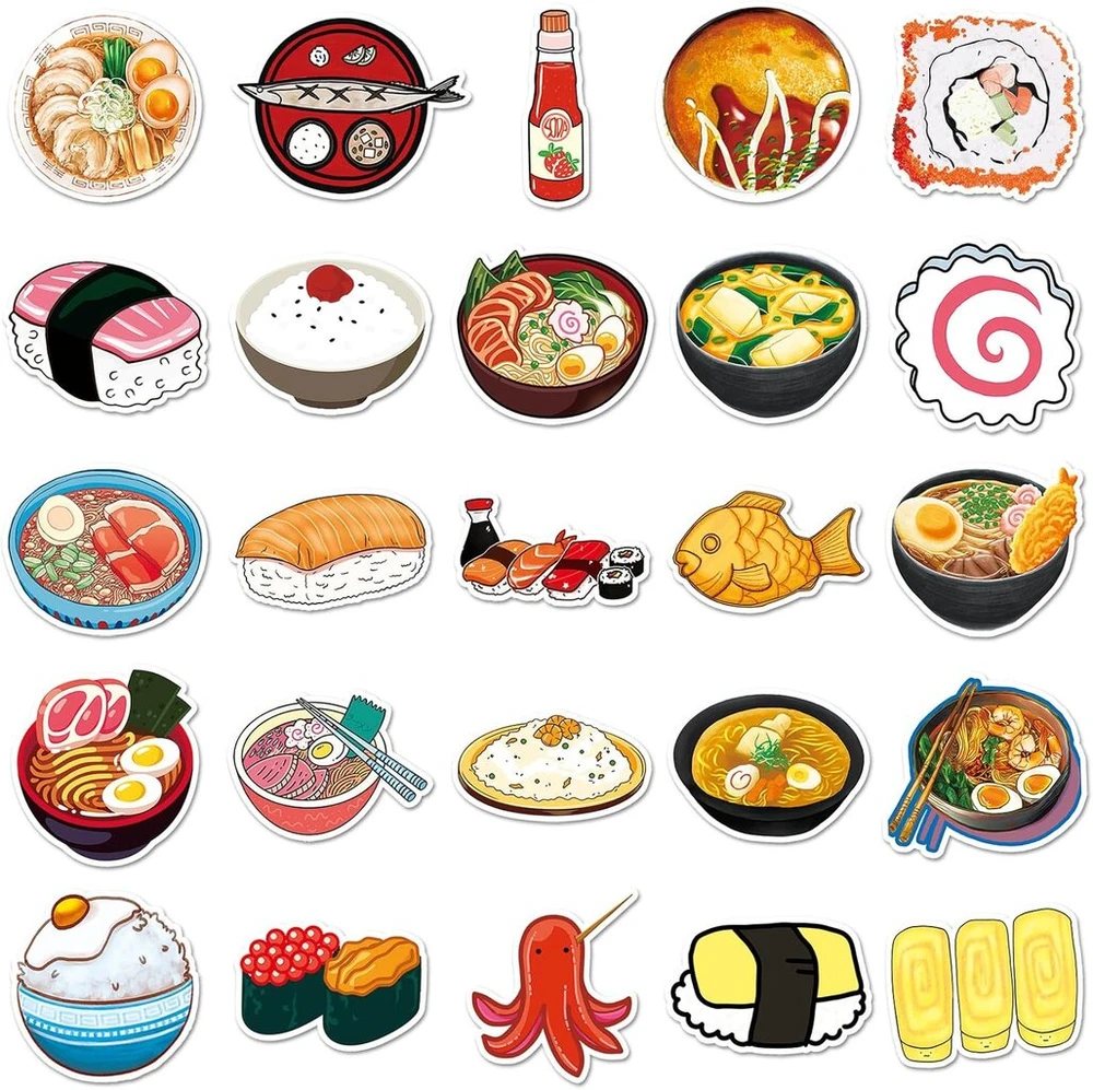 Generic Sushi lipdukai ration, 50 vnt. rinkinys, skirtas riedlentėms, grafiti, motociklams, dviračiams, snieglentėms, bagažui, nešiojamam kompiuteriui, automobiliui, lagaminui vaikams ir paaugliams, vandeniui atsparūs vinilo lipdukai