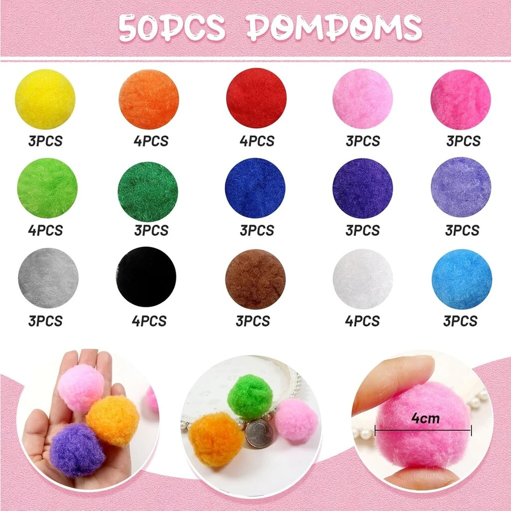 Generisch 50 vnt. 4 cm spalvingi pūkuoti pomponai "pasidaryk pats" kūrybiniams darbams