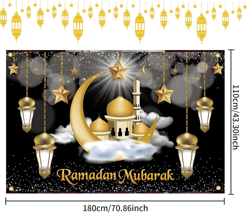 Generisch Ramadano dekoracija, ramadan mubarak fono reklaminis skydelis, ypač didelis ramadano reklaminis skydelis, auksinės žvaigždės mėnulio ramadano dekoracija, eid dekoracijos reklaminis skydelis musulmonų islamo vakarėliui ramadano dekoracija (180 x 110 cm)