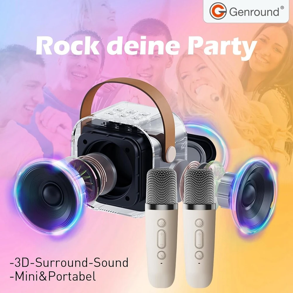 Genround karaoke aparatas su 2 mikrofonais, bluetooth garsiakalbis su vokalo pašalinimu, 3 led apšvietimo režimai, balso keitimas, bluetooth mikrofonas vaikams, suaugusiems, berniukams, mergaitėms (smėlio spalvos)