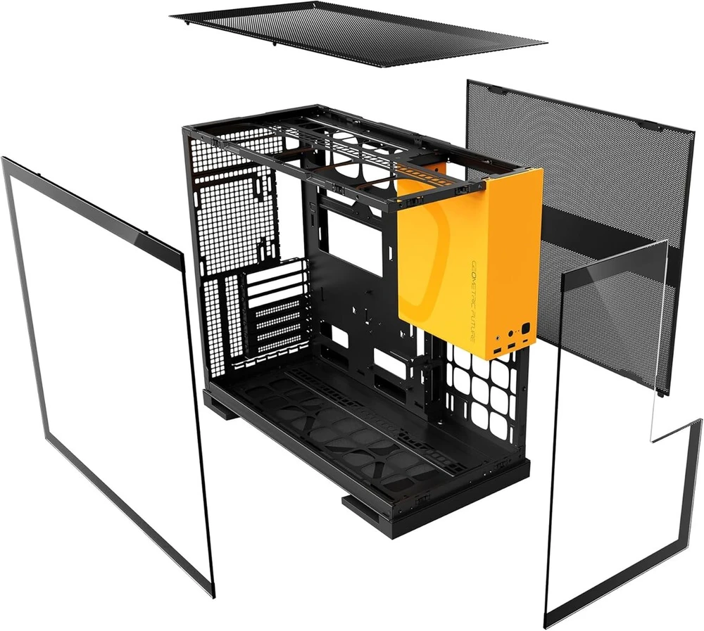 Geometric Future M5 tempered glass mid tower, E-atx/atx žaidimų kompiuterio korpusas, 1.2 mm plienas, type-c, įrankių nereikalaujantys paneliai, palaiko 420/360 radiatorių, dviguba kamera, juodas/geltonas, Geo-m5-by