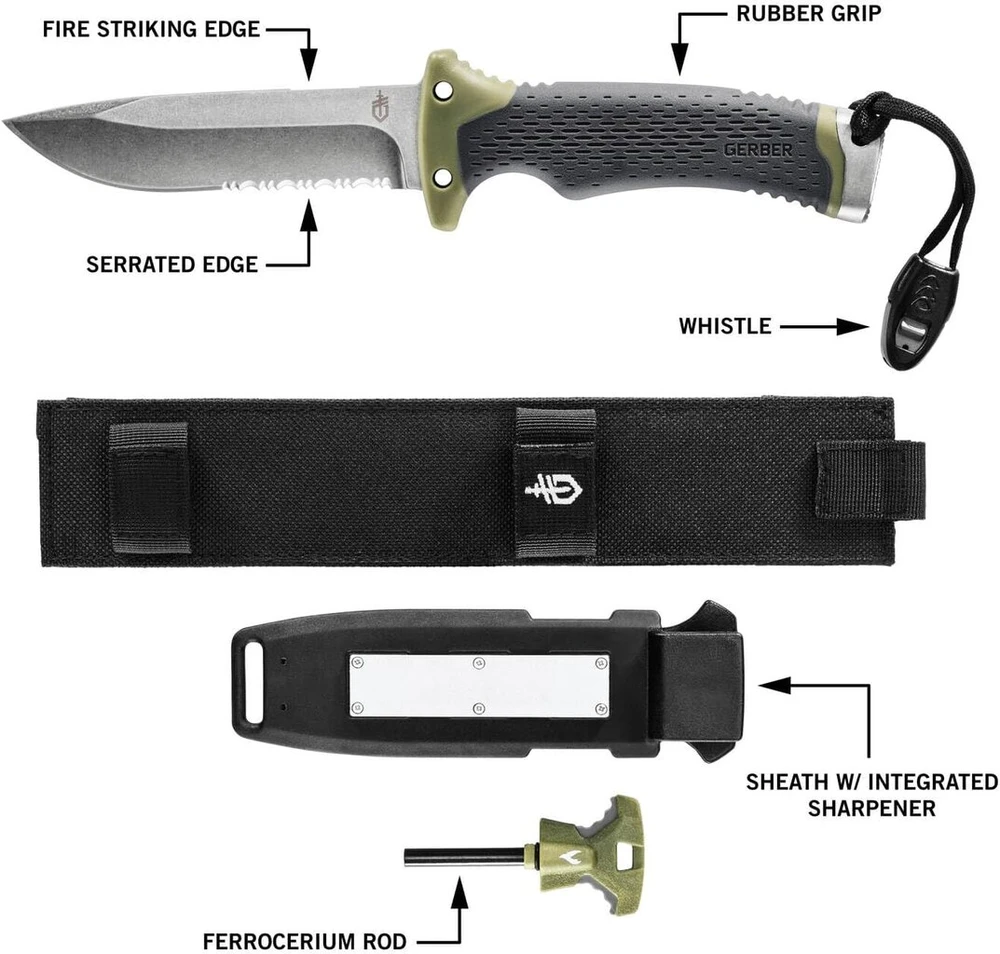 Gerber išgyvenimo peilis su daliniu dantytu ašmeniu, ultimate survival fixed, ašmenų ilgis: 12 cm, nerūdijantis plienas, 30-001830
