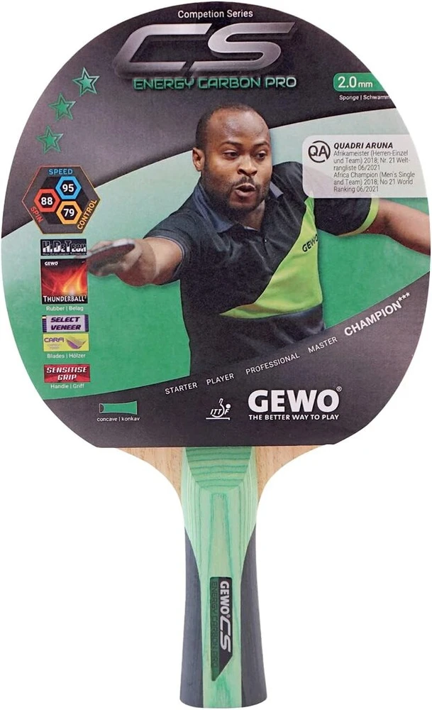 Gewo Cs Energy Carbon Pro stalo teniso raketė - Ittf patvirtinta - anglies pluošto raketė su kontrole ir didelėmis sukimosi savybėmis, įgaubta, 2,0 mm kempinė