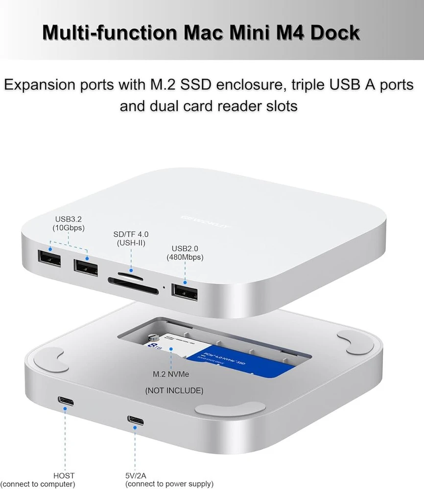 Gewokliy Mac Mini M4 dokas, aliumininis Mac Mini šakotuvas ir stovas, skirtas Mac Mini M4 ir M4 Pro 2024 su M.2 Nvme Ssd dėklu, dvigubi Usb-a 10gbps, Sd/tf kortelių skaitytuvai, Usb 2.0 │mac Mini priedai