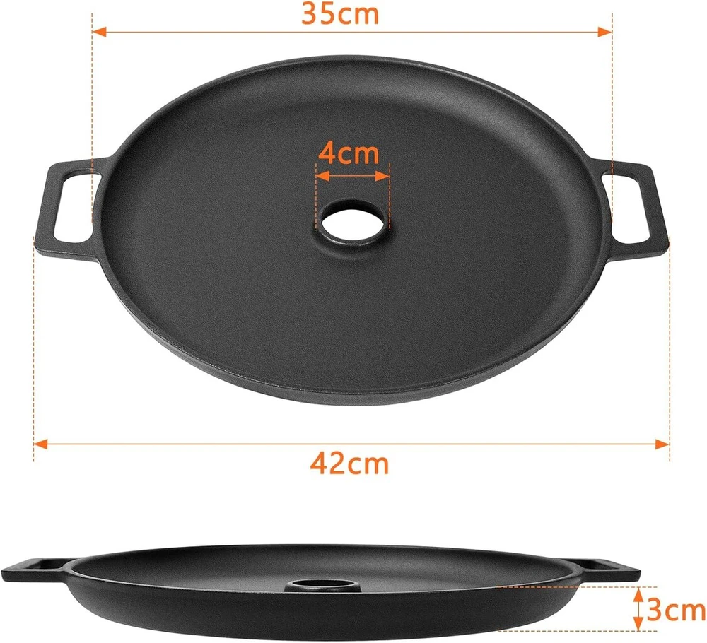 Gftime 35 cm skersmens ketaus ugnies plokštė, grilio plokštė planča su nešimo rankena ir apsauga nuo lašėjimo raketinei krosnelei, dujiniam griliui, virdulio griliui, grilio plokštė stovyklavimui, sodui, laukui