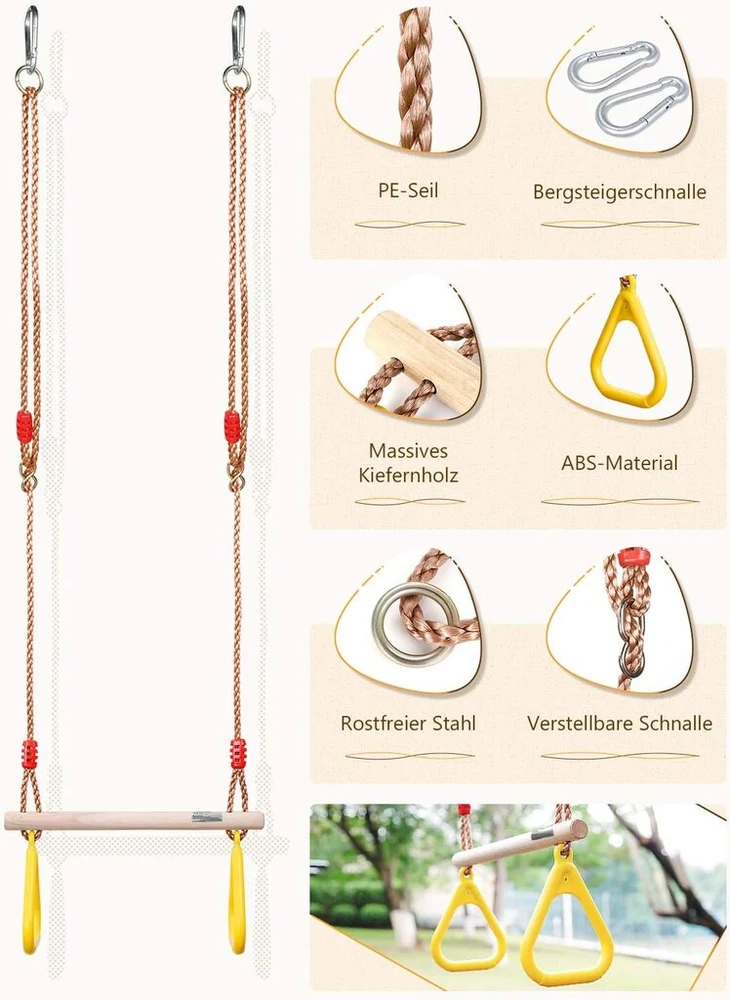 Ghb trapecinis daugiafunkcis sūpynės vaikams, medinis su plastikiniais gimnastikos žiedais, skirtas kabinti iki 120 kg, geltonas