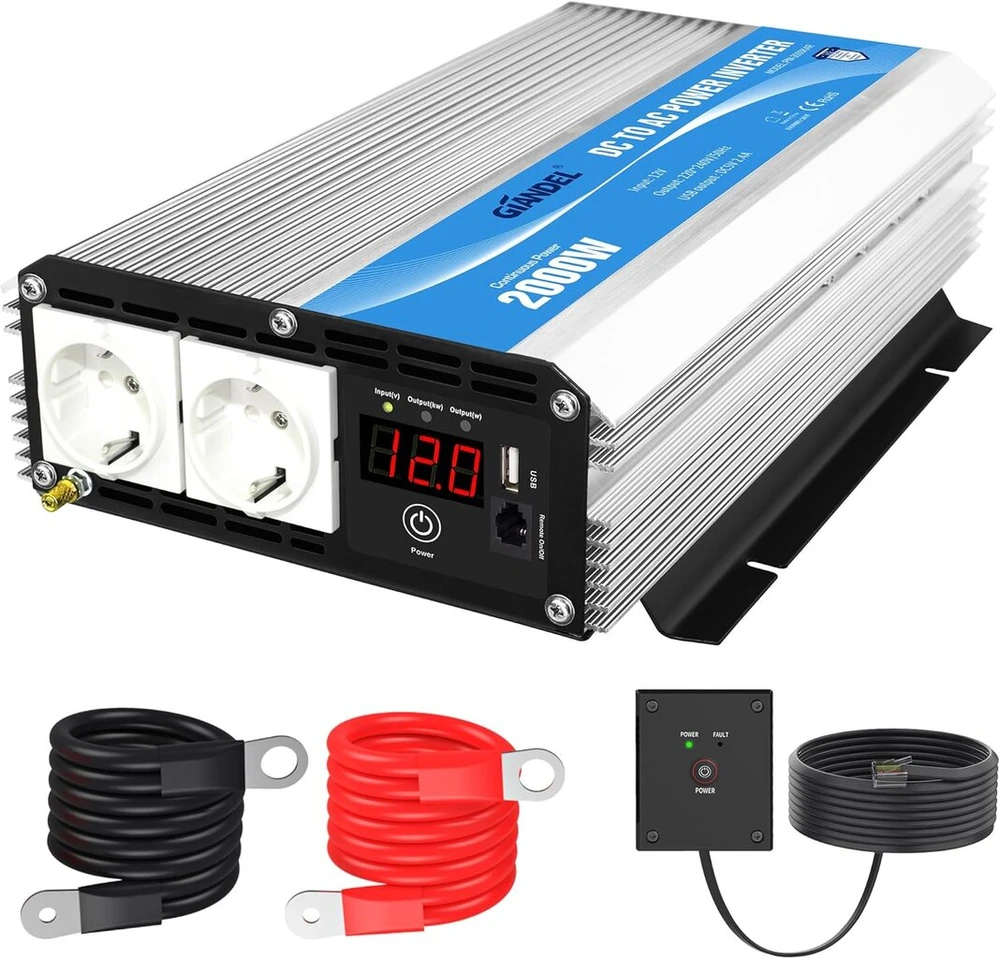 Giandel galios keitiklis 2000 w 12 v į 230 v įtampos keitiklis su nuotoliniu valdymu ir led ekranu, 2 ac lizdai ir usb jungtis kemperiams, sunkvežimiams, automobiliams