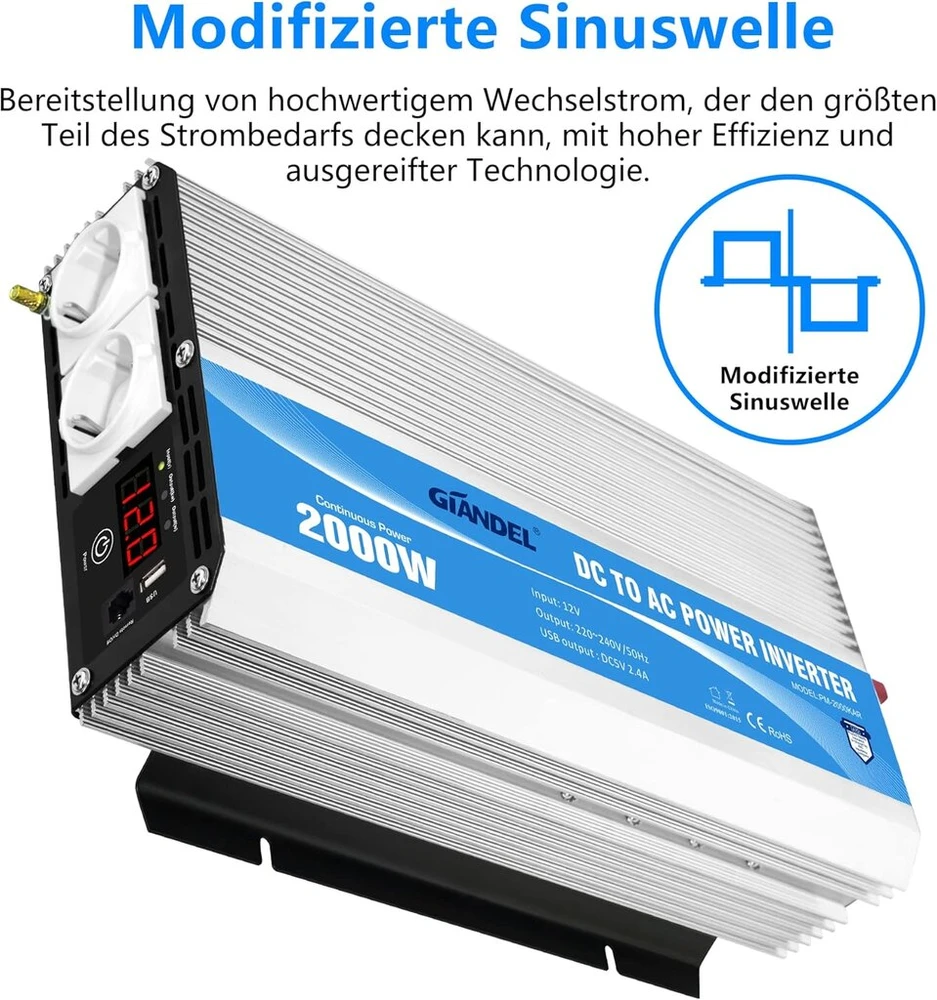 Giandel galios keitiklis 2000 w 12 v į 230 v įtampos keitiklis su nuotoliniu valdymu ir led ekranu, 2 ac lizdai ir usb jungtis kemperiams, sunkvežimiams, automobiliams