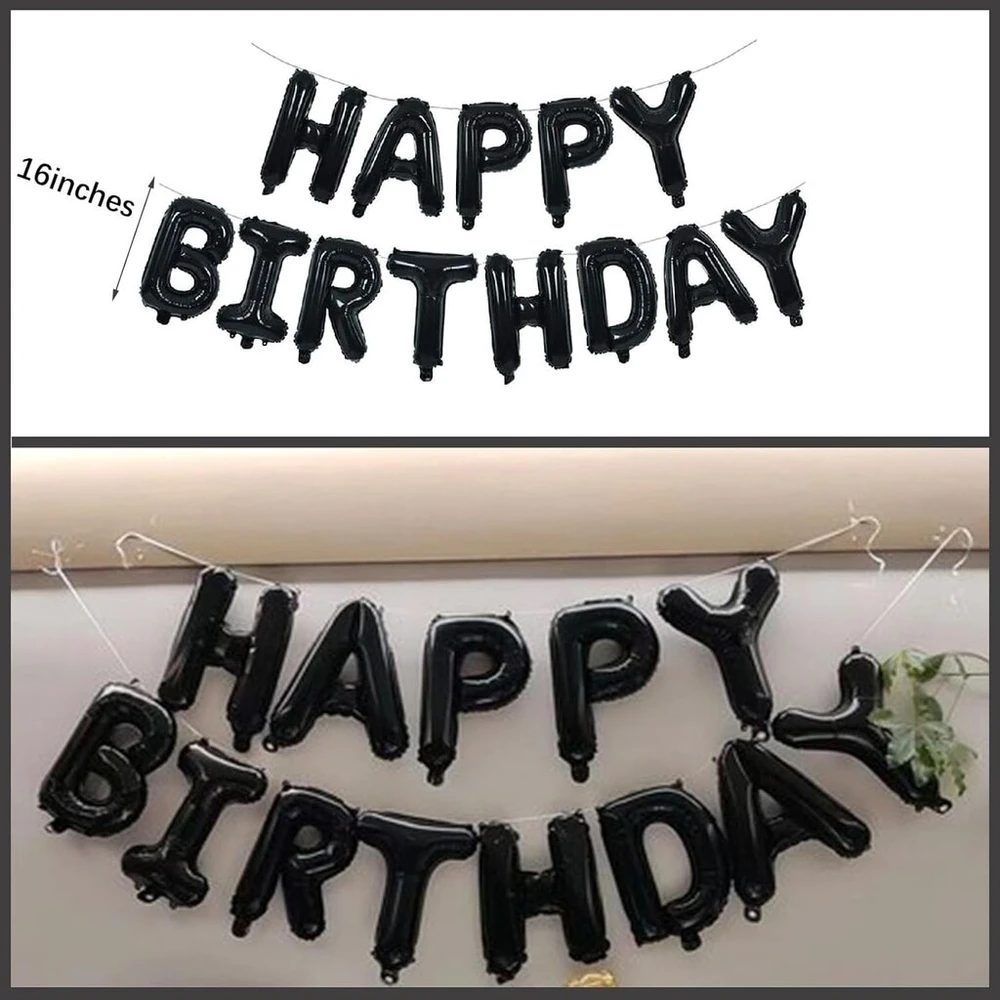 Gimtadienio dekoracija juoda sidabrinė "happy Birthday" girlianda balionai juoda dekoracija gimtadienio vyrui gimtadienio dekoracija