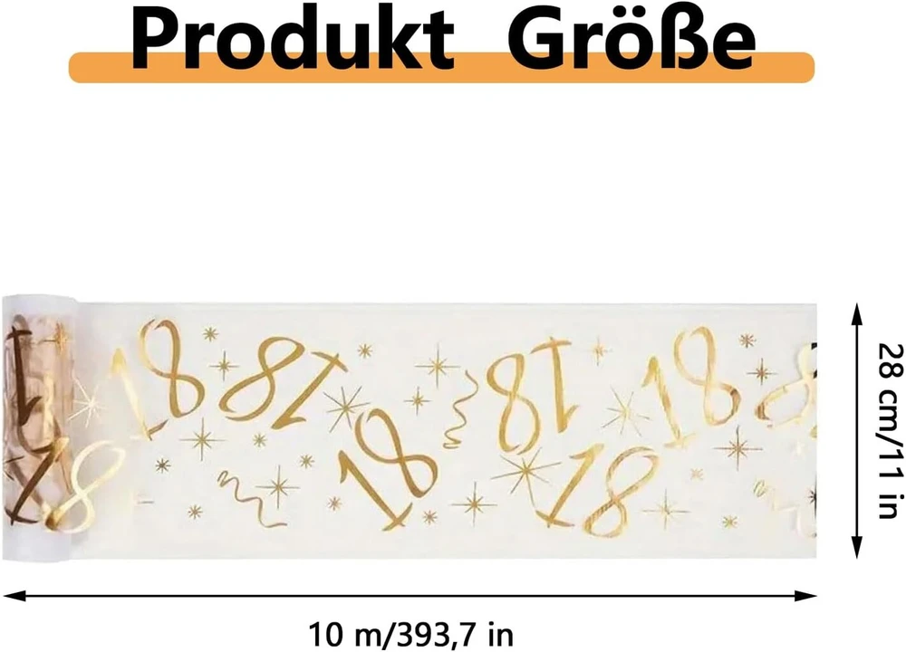 Gimtadienio stalo takelis, 18-ojo gimtadienio dekoracija, 10 m x 28 cm, laimingo gimtadienio staltiesė, blizgus auksinis stalo takelis, gimtadienio rulonas, galima apkarpyti pagal dydį