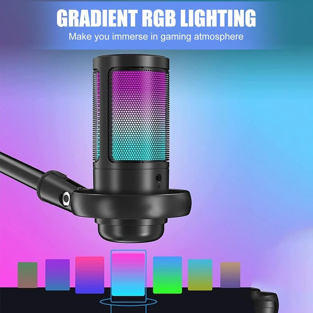 Gireich Usb žaidimų mikrofonas, Rgb kondensatoriniai mikrofonai Pc Ps4 Ps5, mikrofonas Pc su nutildymo mygtuku, pop filtras, sukamasis valdiklis garsumui reguliuoti, amortizatorius transliacijoms ir podcast'ams