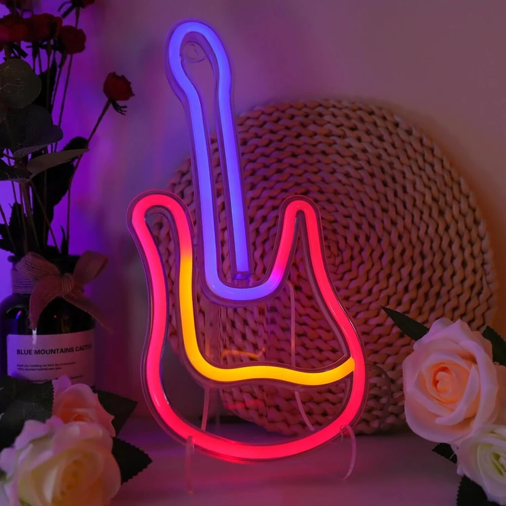 Gitara neoninis ženklas, muzikos natų neoninis ženklas, neoninė naktinė lemputė, neoninė lempa su 2 kabliukais, maitinama baterijomis arba usb neoninė lemputė, muzikos neoninė lemputė, neoninė meno lemputė, roko lemputės ženklas namams, miegamojo dekoras