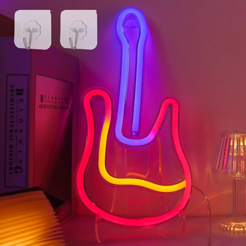 Gitara neoninis ženklas, muzikos natų neoninis ženklas, neoninė naktinė lemputė, neoninė lempa su 2 kabliukais, maitinama baterijomis arba usb neoninė lemputė, muzikos neoninė lemputė, neoninė meno lemputė, roko lemputės ženklas namams, miegamojo dekoras
