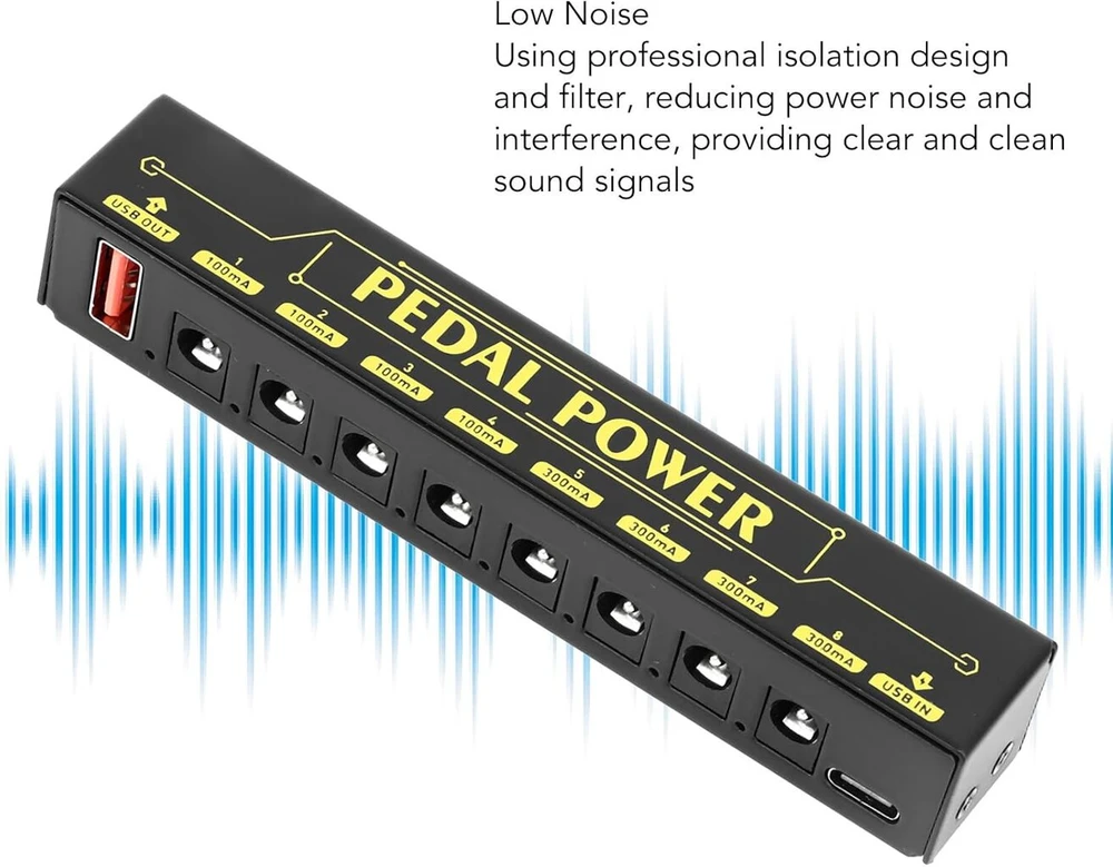 Gitaros pedalo maitinimo šaltinis, 8 krypčių izoliuotas, mažo triukšmo pedalboard maitinimo šaltinis su apsauga nuo perkrovos ir trumpojo jungimo bei usb jungties kabeliu