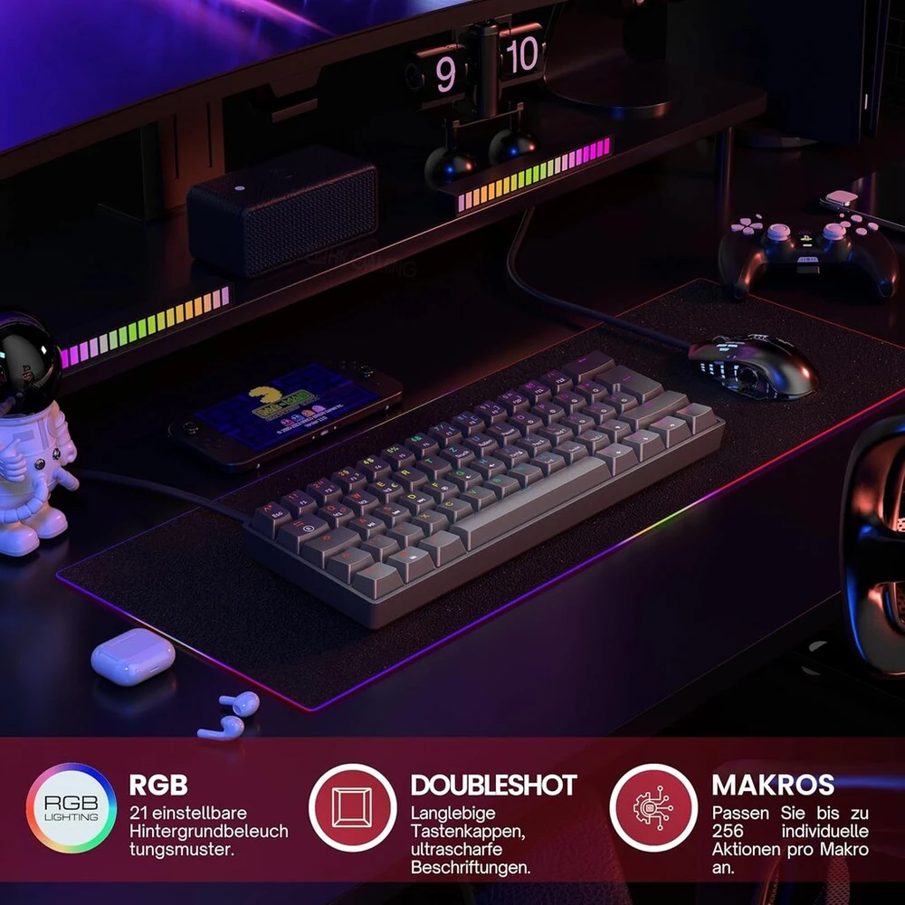 Gk61 s karšto keitimo mechaninė žaidimų klaviatūra - 62 klavišų daugiaspalvis rgb led apšvietimas, skirtas pc/mac žaidėjams - iso vokiečių išdėstymas (gateron Mechaninė Raudona, juoda)