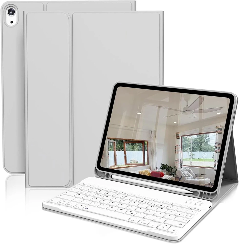 Gkabxy dėklas su klaviatūra, skirtas ipad air 11 colių (m3/m2) 2025/2024, ipad air 5 4-os kartos – įkraunama bluetooth klaviatūra, qwertz išdėstymas, pilka