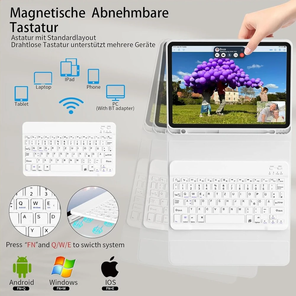 Gkabxy dėklas su klaviatūra, skirtas ipad air 11 colių (m3/m2) 2025/2024, ipad air 5 4-os kartos – įkraunama bluetooth klaviatūra, qwertz išdėstymas, pilka
