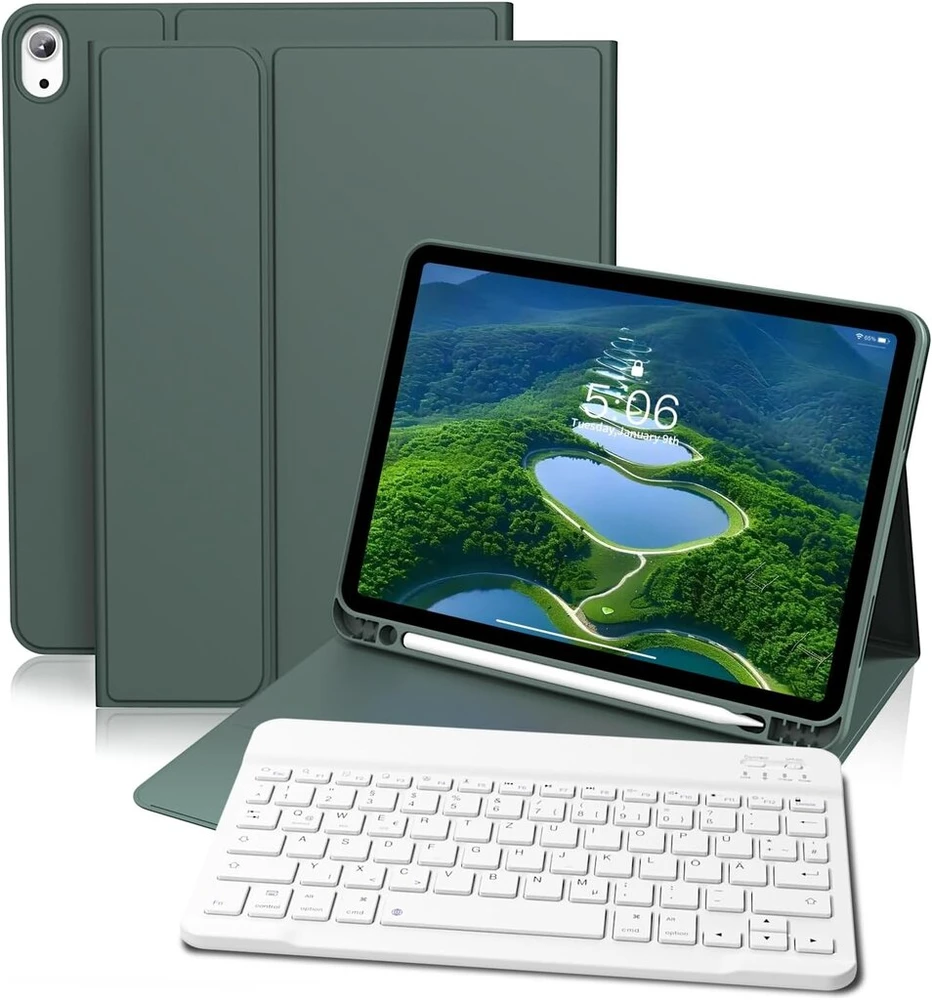 Gkabxy dėklas su klaviatūra, skirtas ipad (a16) 10/11 kartos, 10.9/11 colių, (2022/2025), minkštas tpu galinis dėklas su rašiklio laikikliu, magnetinė nuimama bluetooth klaviatūra, qwertz išdėstymas, night žalias