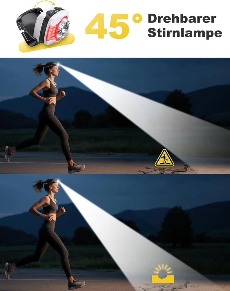 Glangeh įkraunamas led galvos žibintas su 1200 mah baterija, itin ryškus galvos žibintas su balta ir raudona šviesa, 6 šviesos režimai, ipx4 atsparus vandeniui, 45° reguliuojamas bėgimo žibintas bėgiojimui, žvejybai, žygiams