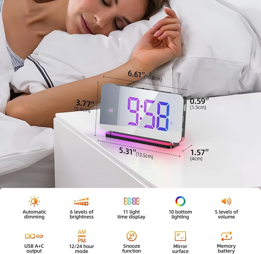Glasflength Skaitmeninis žadintuvas, Led skaitmeninis žadintuvas, 5 ryškumo skaitmeninis laikrodis su 11 Rgb naktine lempute, 5 garsumo skaitmeninis žadintuvas su šviečiančiais skaičiais, 7 colių veidrodinis laikrodis, skaitmeninis miegamojo laikrodis