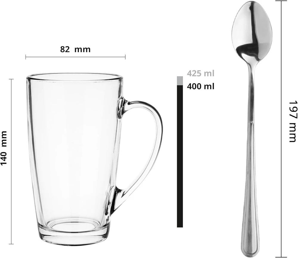 Glasmark Krosno 1992 Latte Macchiato stiklinės su rankena ir šaukšteliu, 6 vnt. rinkinys, 400 ml, stiklinės arbatai, puodeliai kavai, cappuccino, šaltai arbatai, skaidrus stiklas