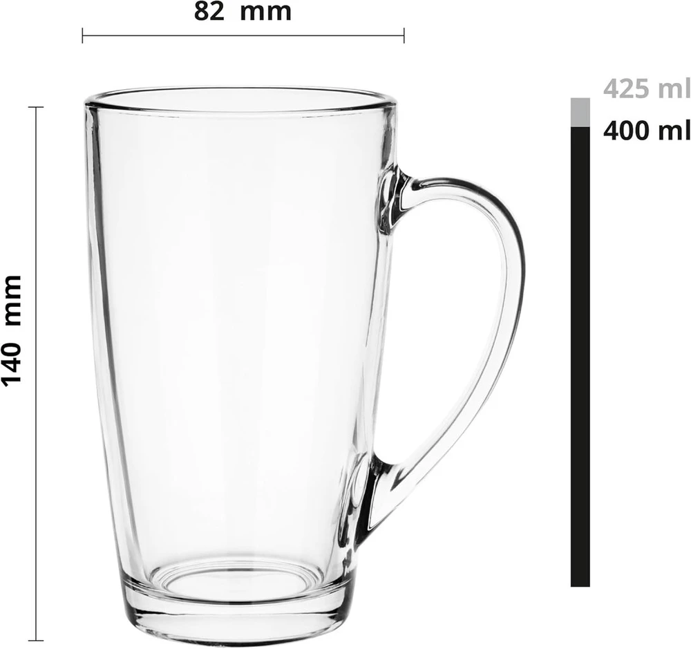 Glasmark Krosno 1992 stiklinių rinkinys kavai, arbatai su rankena, 4 vnt., 400 ml, kavos, arbatos, latte stiklinė, arbatos puodeliai, stikliniai puodeliai, didelė gėrimų stiklinė, galima plauti indaplovėje, Alex, skaidri