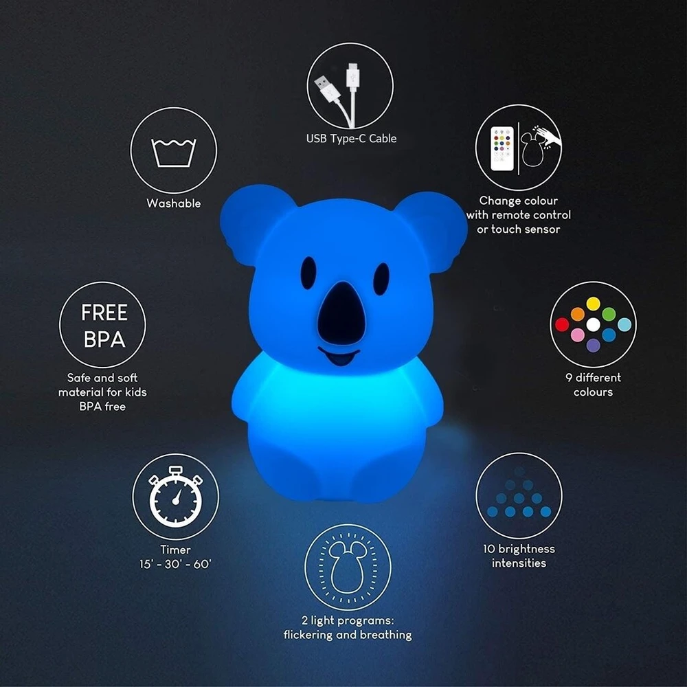 Glinrui naktinė lemputė Koala vaikams, naktinė lempa prie lovos, dekoratyvinės lempos, kūdikių kambario lempa, miego šviesa - reguliuojamas ryškumas ir spalvų/laiko nustatymas - medium