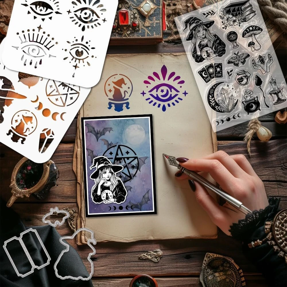 Globleland magiškos raganystės štampų ir iškirtimo formų rinkinys kortelių gamybai būrimo įrankių štampai ir trafaretas magiškos akies apskritimo spalvos įspaudimo trafaretas "pasidaryk pats" scrapbooking amatų albumų priedams