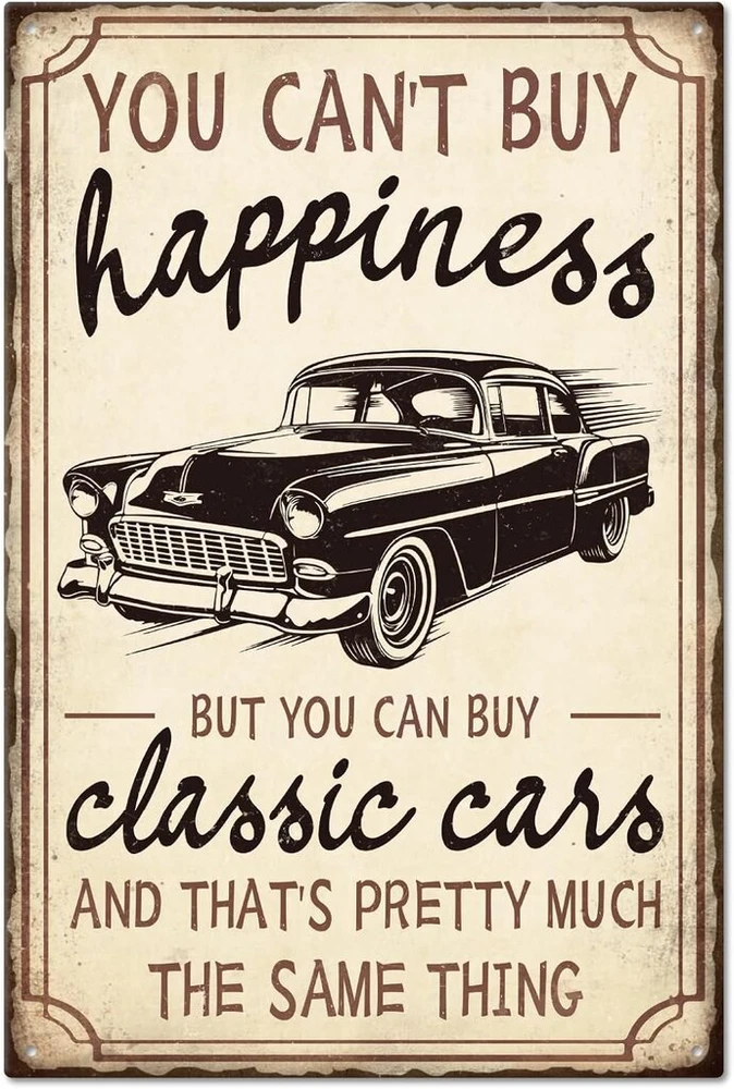 Globleland metalinis ženklas "you Can't Buy Happiness" su klasikiniais automobiliais, vintažinis metalinis ženklas 30×20 cm, juokinga sienų dekoracija namams, ūkiui, barui, kavinei, klubui