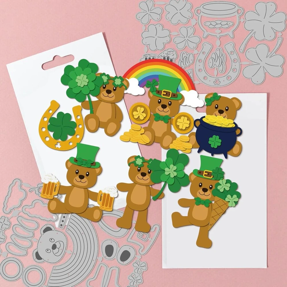 Globleland st patrick's day bear cutting dies metal retro multilayer lucky bear shakers cutting template paper cutting dies for scrapbooking card making crafts paper cards
