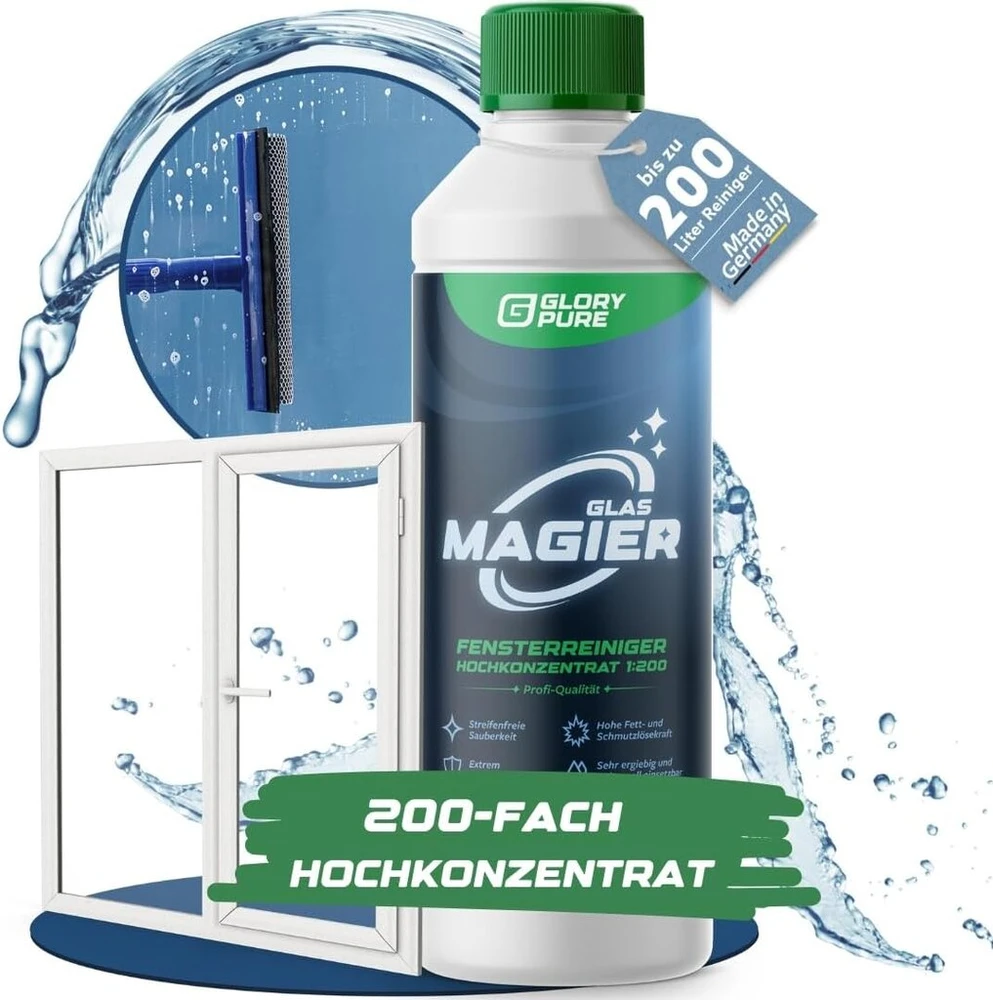 Glorypure glas-mager langų valiklis 200x koncentratas, profesionali kokybė, 1 litras, be dryžių, švarus, švelnus medžiagoms, labai ekonomiškas, puikiai tinka langų siurbliams