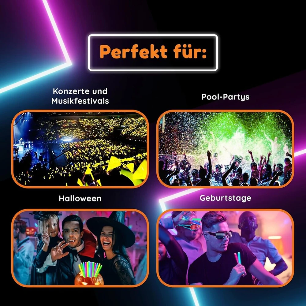 Glow Fever šviečiančių lazdelių rinkinys vakarėliui - 25 cm šviečiančios lazdelės vakarėliams lauke, šviečiantis tamsoje vakarėlis, neoninis vakarėlis ir daugiau šviečiančių lazdelių iš Party Dragon - mišrios, 100 vnt.