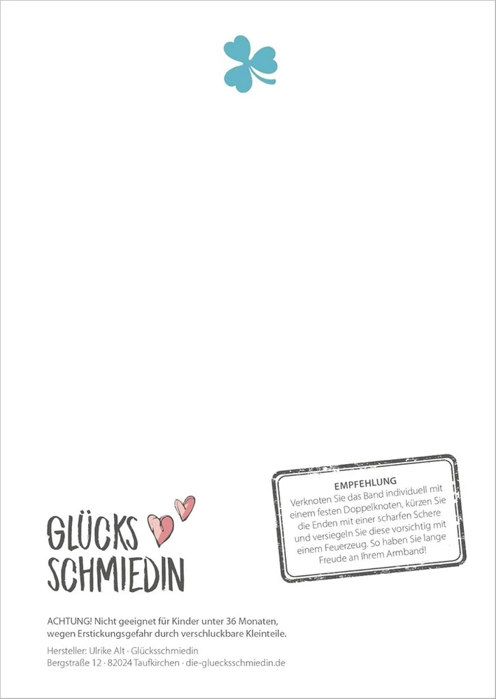 Glücksschmiedin - sveikinimo atvirukas su elastine apyranke juodos ir sidabrinės spalvos kriauklės pakabuku, rankų darbo