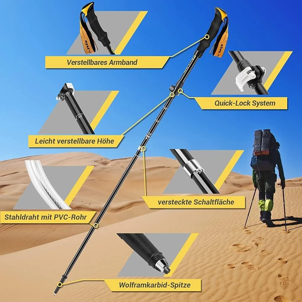Glymnis trekingo lazdos, reguliuojamos vaikščiojimo lazdos iš 7075 aliuminio, 110-130 cm, su užspaudžiamu užraktu ir 4 poromis guminių antgalių trekingui