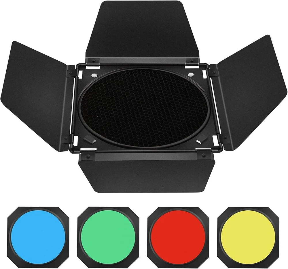 Godox bd-04 barn door metaliniai varteliai su korio tinkleliu ir 4 spalvotais gelio filtrais, suderinami su standartiniais reflektoriais bowens mount compatible godox led neewer amaran aputure led video light