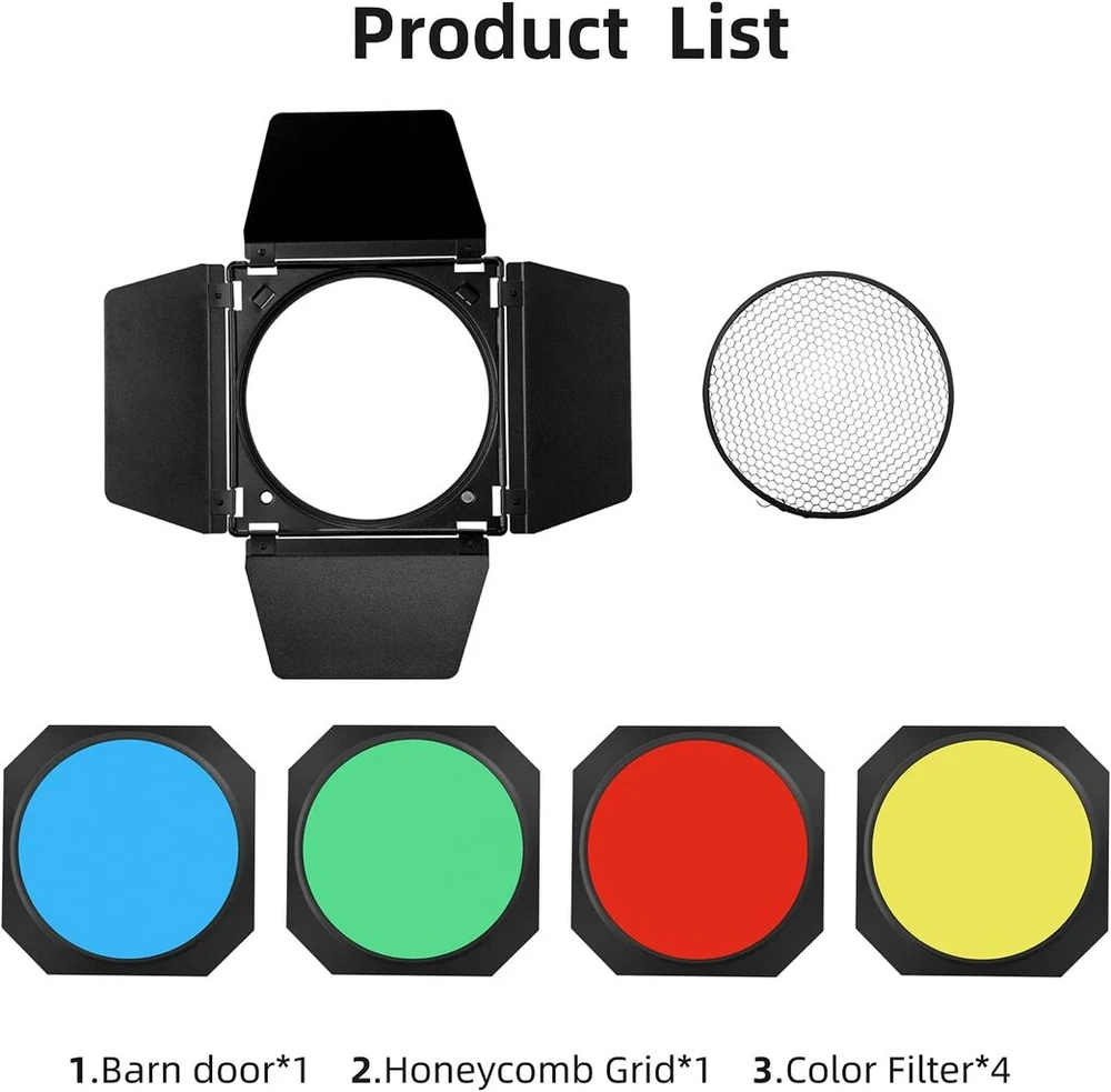 Godox bd-04 barn door metaliniai varteliai su korio tinkleliu ir 4 spalvotais gelio filtrais, suderinami su standartiniais reflektoriais bowens mount compatible godox led neewer amaran aputure led video light