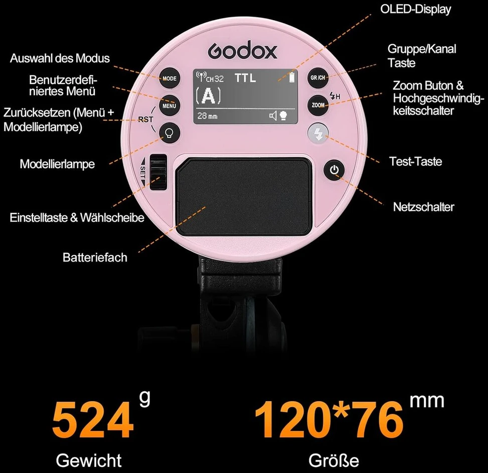 Objektyvas Godox Rožinės spalvos Ad100pro rinkinio blykstė fotografijai, 100ws 2.4g belaidė Hss 1/8000s lauko blykstė, 2600 Mah baterija 0.01, Ttl Hss, lengva, nešiojama, kompaktiška, skirta fotoaparatui, modeliavimo lemputė