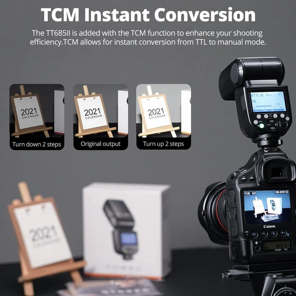Objektyvas Godox tt685iis 1/8000s hss gn speedlite blykstė ttl tcm efektyvaus konvertavimo funkcija integruotas godox 2.4g x sistemos imtuvas (tt685iis, skirtas sony)