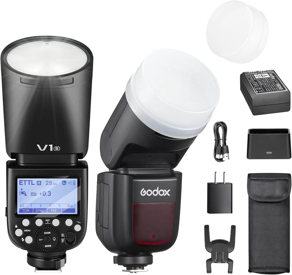 Objektyvas Godox V1s apvalus blykstė fotoaparatui 76 W Speedlite profesionali blykstė fotoaparatui 1/8000 Hss 2.4g belaidė X sistema Ttl su 2600 Mah ličio jonų baterija, suderinama su Sony A7iv A7iii A7riii A7rii A7c a6400 a6000 a9 a77