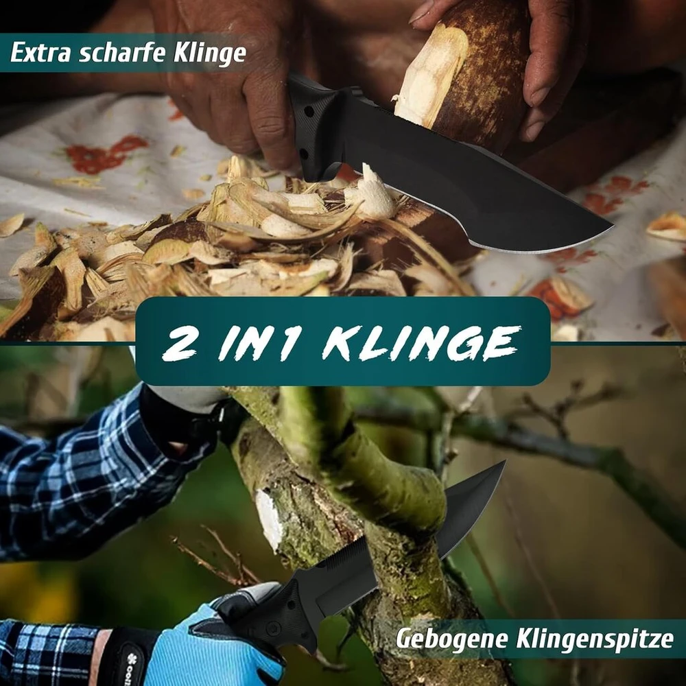 Golden Bird lauko peilis, skirtas išgyvenimui, juodas 2-in-1 medžioklinis peilis fiksuotu ašmenimis su Oxford dėklu - 58hrc anglinio plieno bushcraft peilis, pilno ilgio išgyvenimo peilis su pjūklu