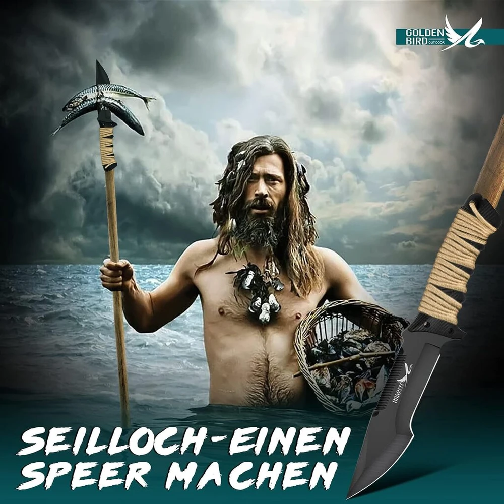 Golden Bird lauko peilis, skirtas išgyvenimui, juodas 2-in-1 medžioklinis peilis fiksuotu ašmenimis su Oxford dėklu - 58hrc anglinio plieno bushcraft peilis, pilno ilgio išgyvenimo peilis su pjūklu