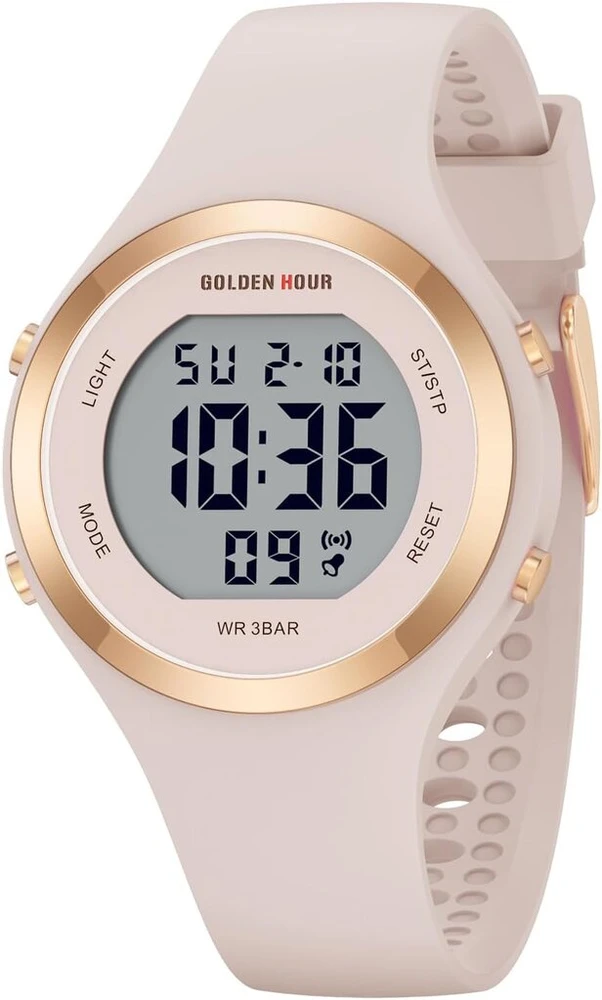 Golden Hour skaitmeninis laikrodis moterims, 5atm atsparus vandeniui sportinis chronografas su silikoniniu dirželiu, elegantiški sportiniai laikrodžiai moterims su data, šviesos efektu, lengvai įskaitomas ciferblatas