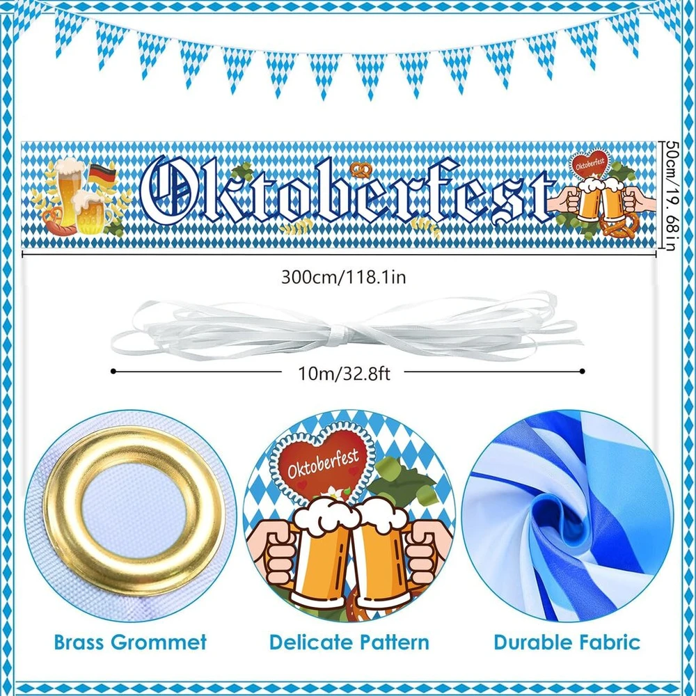 Goldenland Oktoberfest dekoratyvinė reklaminė juosta, bavariška Oktoberfest vakarėlio dekoracija, mėlyna/balta su girlianda, 300 x 50 cm