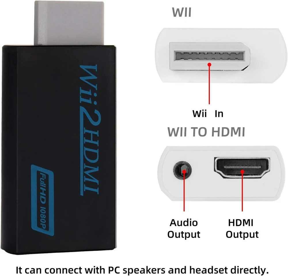 Goldoars Wii Hdmi adapteris, Wii į Hdmi adapteris, 1080p/720p Hd konverterio adapteris su 3,5 mm stereo garso lizdu + 1,5 m Hdmi kabelis, palaiko Ntsc/pal formatą Smart Tv Hdtv (juodas)