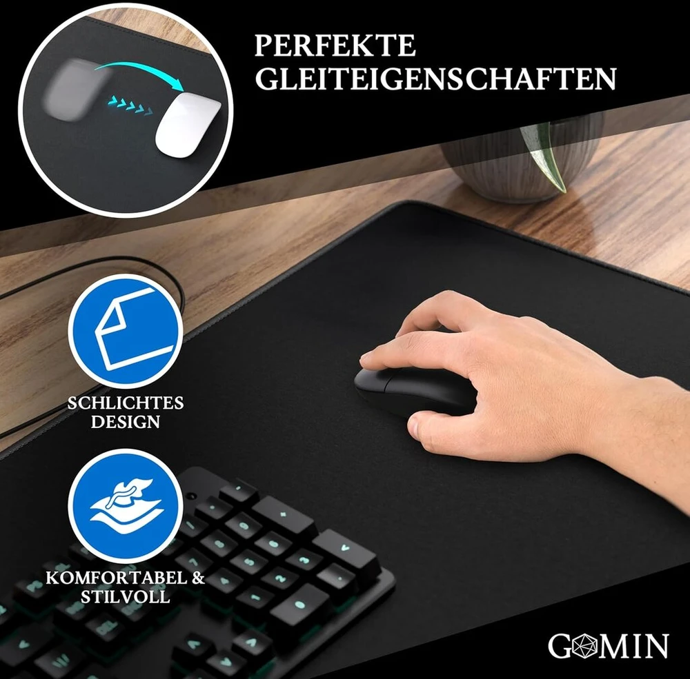 Gomin Xl pelės kilimėlis - 440 x 350 mm didelis žaidimų pelės kilimėlis - be trukdančio logotipo ir apsiūtais kraštais - neslystantis ir atsparus vandeniui - pagerina greitį ir tikslumą Pc, biurui, nešiojamam kompiuteriui - juodas