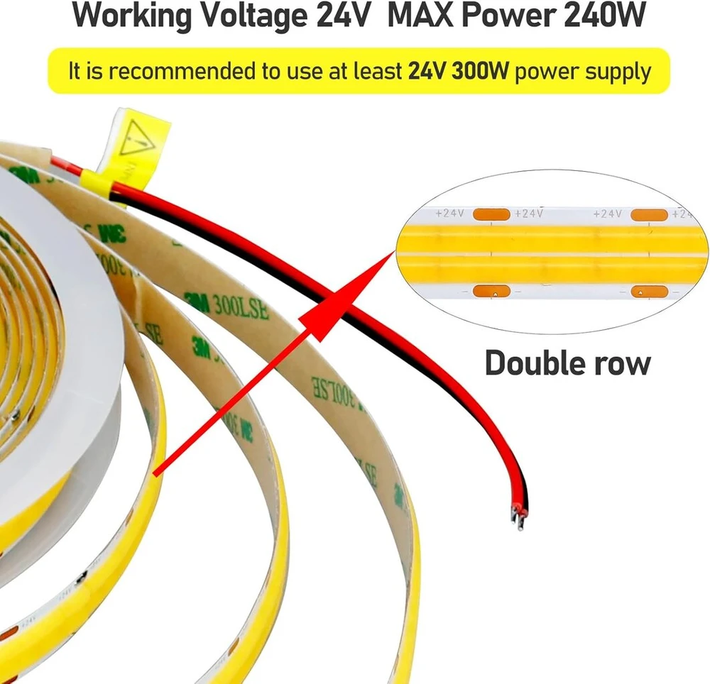 Goming 24 V 10 m dvigubos eilės Cob Led juosta šiltai balta 3000 K Led juosta 600 Led/m Led juosta lipni Cri 93+ didelis ryškumas 20000 lm ne vandeniui atspari Ip20 namų dekoravimui (maitinimo šaltinis neįtrauktas)