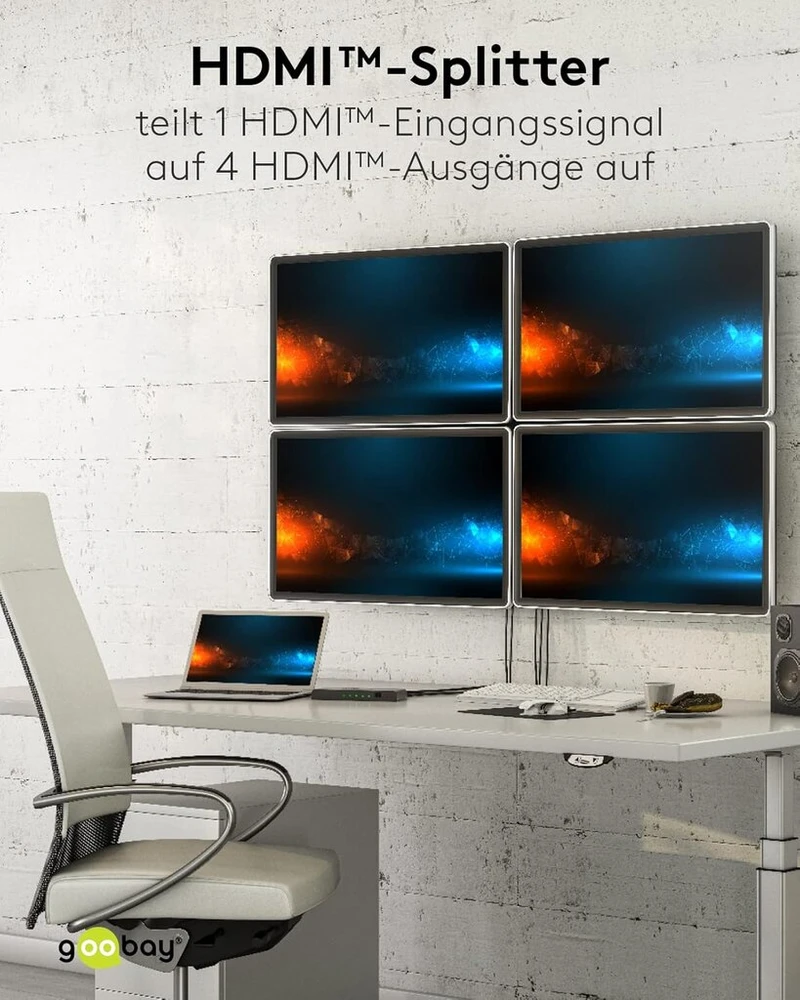 Goobay 58482 hdmi skirstytuvas 1 į 4 išėjimus / 4k prie 30hz (2160p) hdmi skirstytuvas / hdmi 1.4 jungiklis keturiems monitoriams su 60hz prie 1080p