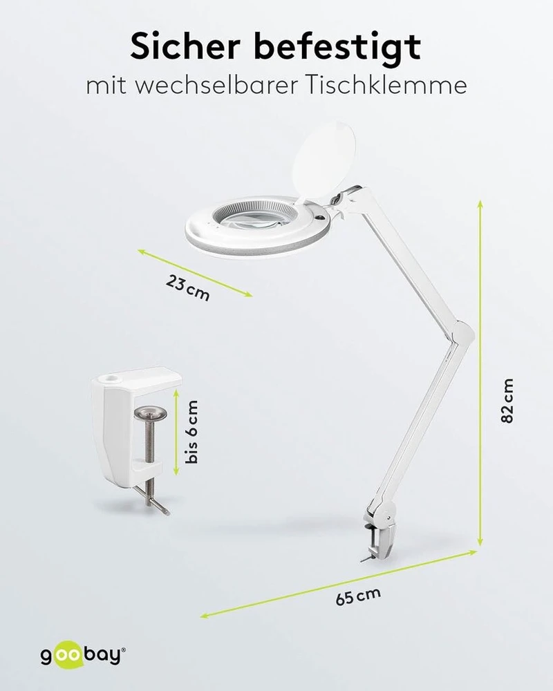 Goobay 60362 Led didinamasis šviestuvas su spaustuku / 9 W energijos sąnaudos / 127 mm krištolo stiklo lęšis / 6400 K spalvos temperatūra / 1,75x didinimas / 83–730 liumenų šviesos srautas / baltas